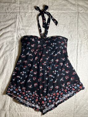 No Boundaries Black Floral Halter Top with Red & White Accents